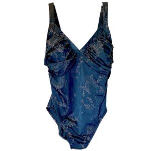Miraclesuit Swimsuit One Piece Sz 14 Black Silver Floral Pattern front ruching